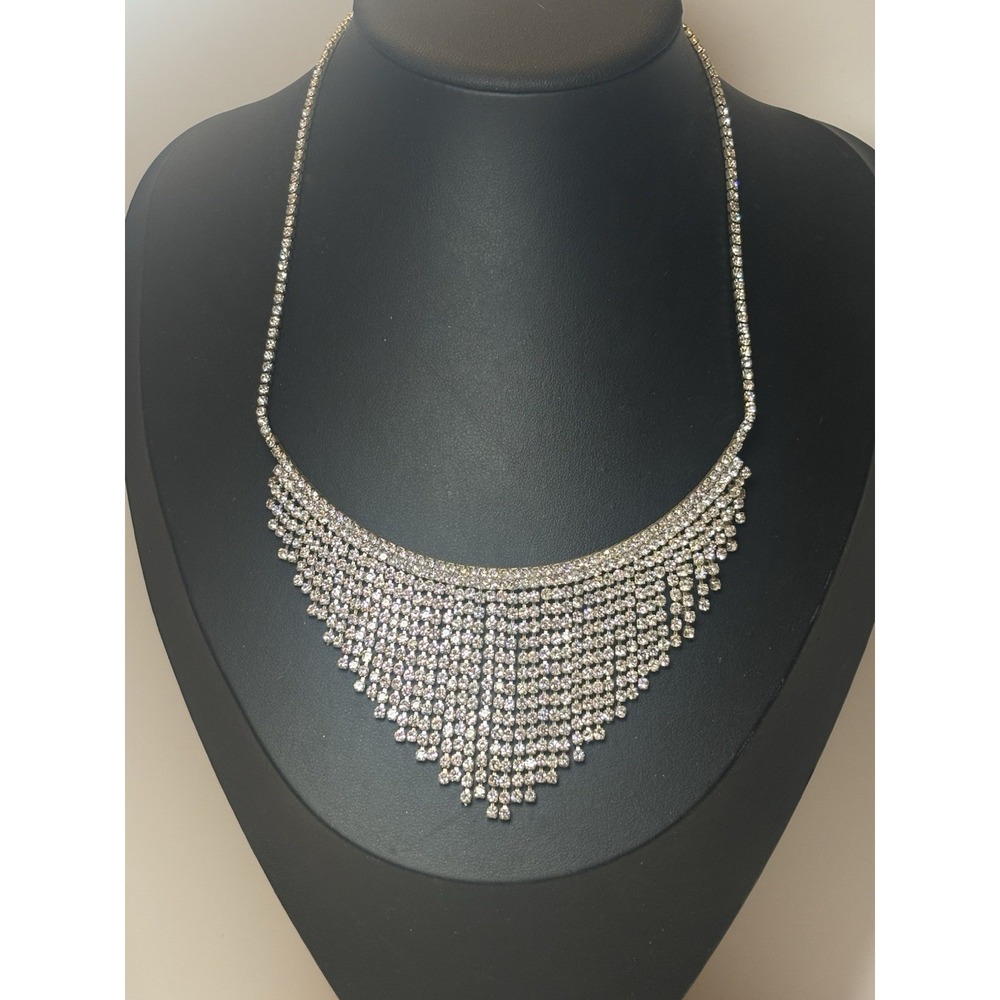 Y2K Rhinestone Fringe Bib Necklace 19" Silver Tone Statement Glam